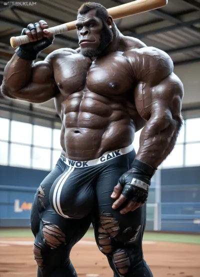 Hot gay gorilla man, anthrogorilla, hot sexy picture, gay solo, gorilla man, (anthro:1.3), hyper muscles, torn tight super-vilain character, dc comics style, full lenght view, gloves, big bulge, (big bulge:1.5), holding a baseball batte, stands proud in old worn warehouse, fog