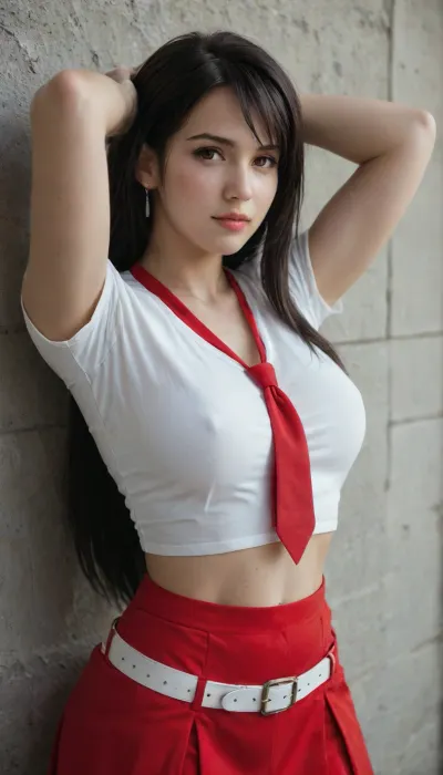 Solo, Beautiful Tifa Lockhart, (Final Fantasy VII Remake, 2020), ., looking in a seductive manner, eyes looking straight at the us, fair skin, hair, sexy body, cute face, 18 years college girl, clear skin, close up, seductive face, looking at the viewer with lust, beautiful detailed face, amazingly sexy face, front straight view, standing straight in a sexy way, hands over her head, greyish wall background, white red checkered shirt, red skirt, red tie, white belt.