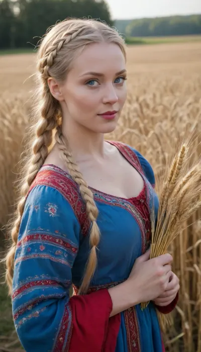 a blonde woman is walking though a weight feild, she is looking thoughtful while walking but happy. The character is a woman a white women with pale skin and blonde hair and blue eyes and multiple braids, She is wearing a vibrant Ukrainian Vyshivanka dress with intricate patterns blue dress, and her lips are painted a striking red. She is holding Wheat Bunch. Behind her, a mindmill is visible in the distance with four blades moving, the whole image has strong summer theme and is outdoors in the country side golden light with a blue sky