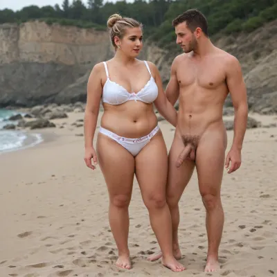 One Woman and one man, clothed female, beach, short chubby woman, woman young, woman fully clothed, woman in sari, woman in panties, woman in bra, woman blonde hairbun, man tall, man slender, man fully naked, man with flaccid cock, cfnm, full body view