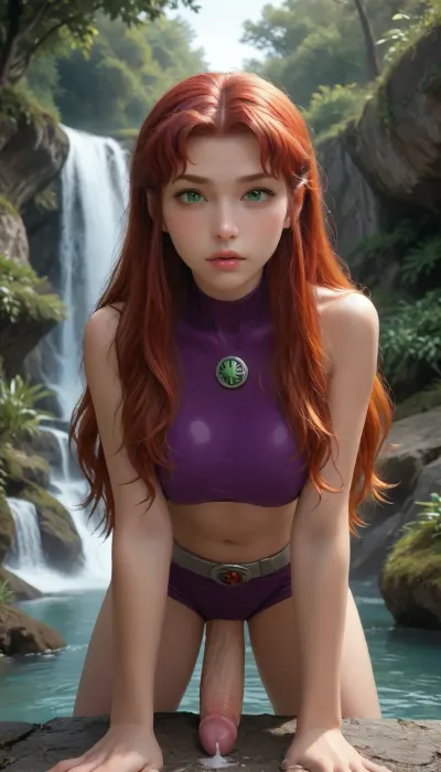 masterpiece, best quality, high resolution, hires, score_9, score_8_up, score_7_up, score_6_up, (DC comics titans starfire:1.4), bright purple two piece skin tight top and short shorts, long red flowing hair, green eyes, slim body, big breasts, perky gumdrop nipples, bright red pussy hair, big bush, starfire using green magic, (starfire is on bent over receiving a cumshot to the back from a different black haired futa woman), (futa on futa:1.3), massive futa penis, explosive backshot, cum on faces, cum on back, cum pouring out of asshole, waterfall and jungle in background, detailed background, close up, ratatatat74, incase style, anime fantasy, ohxw, red, hair, green, eyes, <lora:287175_training_data:1.5>, <lora:ratatatat74-000050:1.5>, <lora:1star-000004:1.5>, <lora:209970_training_data:1.5>