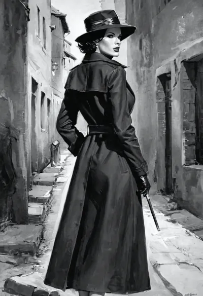 Greg Tocchini colored technical drawing showcasing a woman, face of Veronica Avluv, fantasy art style, female slender, bobcut bangs, sinister smile, long fangs, black hair, breathtaking digital art, trending on artstation, by atey ghailan, by greg rutkowski, by greg tocchini, by james gilleard, 8k, high resolution, best quality, natural beauty, big butt, 50 years old, nude full body, long black coat, city night abandoned, Chanel hat, holding a cigarette, annotation details, masterpiece black and white, pencil strokes, annotated technical concept art sketch, pencil texture, Confused, confused, puzzled, unsure, bichu, oil, painting, <lora:woodcut:.5>, <lora:oil painting:.5>