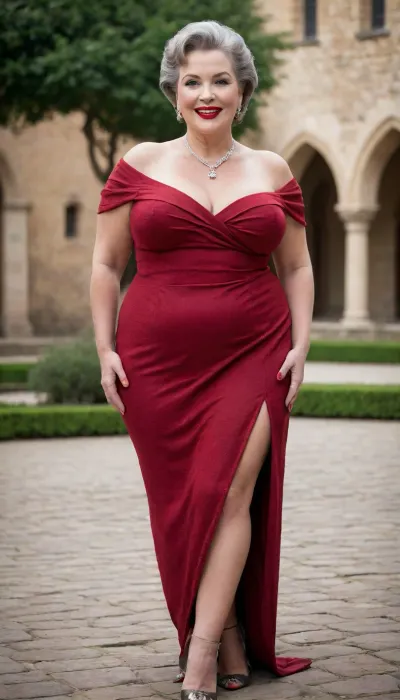 A 1955 full-length photograph showing a 65-year-old plump mature woman with a seductive smile on her face, makeup and bright red lips. She is wearing a gorgeous dress with a large neckline and open shoulders, the slit at the bottom shows her big thighs, a very large bust, wide hips, and she is standing in the courtyard of an ancient castle.