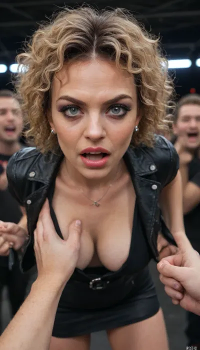 Amateur milf, (milf:1.2), (punk woman), (slutty makeup), (mature:1.2), (wrinkly face), blonde hair, sexy makeup, (surprised look), (angry look), (open mouth), (angry screaming), (standing in thick crowd), breast grab, (male viewer has one hand squeezing breast hard), (pov male viewer has one hand pulling girls top down), boob focus, pov, close up, eyeliner, lipstick, leather jacket, black dress, short hair, (curly hair:1.3), (a lot of people:1.4), (public), (crowd:1.3), (at punk rock concert:1.3), (dark concert hall full of people), (slender), (perfect breasts), dark background, (she is swinging a hand:1.2), (she is ready to fight), (indignation:1.2), (sharp face features:1.2), (narrow face:1.2), (big mouth), big eyes, thick lips