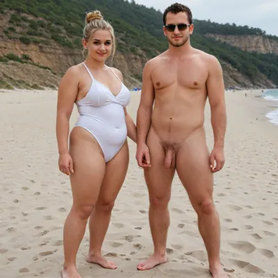 One Woman and one man, short chubby woman, woman obese, woman young, woman smiling, woman wearing one piece white swimsuit, woman wearing open robe, woman light blonde hairbun, man very tall, man big, man slender, man fully naked, flaccid cock, cfnm, full body view, holding hands, beach, sunny day, sunglasses