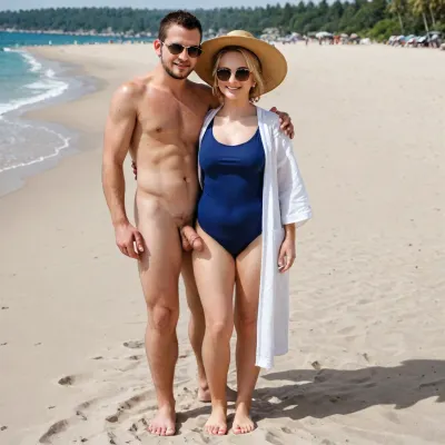 One Woman and one man, clothed female, beach, sunglasses, sunhat, sunny day, short chubby woman, woman young, woman smiling, woman fully clothed, woman wearing open robe, woman wearing one piece swimsuit, woman light blonde hairbun, man very tall, man big, man slender, man fully naked, man with flaccid cock, cfnm, full body view, holding hands