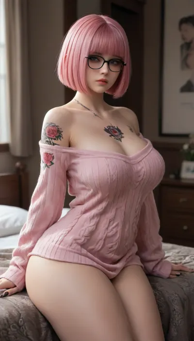 A 18-year-old girl, 155 cm tall, with a slim yet curvy 'slimthick' figure, side view, Tattoos all over the body, goth makeup up, (big chest:1.5), (wide hips:1.2), (big thighs:1.4), (pink hair:1.3), (bob haircut:1.4), wears glasses, and has a shy, sweet expression. She’s dressed in a soft white oversized sweater, curled up next to Max under a blanket, her pale skin contrasting with the fabric.