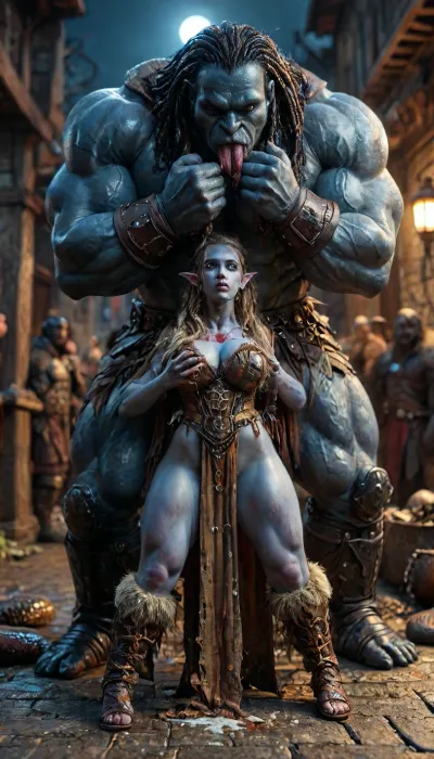 gorgon medusa from mythology, long hair, (woman has dark snake hair:1.7), revealing armor, breasts exposed, puffy nipples, dynamic picture, warrior, ((Drizzt Do'Urden:1.32), drow warrior, (dark night blue skin:1.82), tall, angry, muscular, strong, (wearing Drizzt Do'Urdens armor, magical scimitars, Twinkle and Icingdeath, a bow Taulmaril on his back, daggers, signature Piwafwi cloak with bear fur pelt, dungeons and dragons inspired chainmail), purplish blue skin, black and purple hair, Dark, drow Warrior, Drow, tattooed, scarred, purple eyes, uberfit, blue skin, bloody, blood spatter, Elf, Warrior), Realism_Quality_2xx_By_Stable_Yogi, score_9, score_8_up, score_7_up, ((very handsome femal elf face:1.3)), (((extremely ultra detailed face:1.3))), perfect fingers and hands, break, female drow elf barbarian, (blue skin:1.82), tall, angry, busty, curvy, thin waist, big boobs, big butt, slim, fit, vitiligo, strong, fur pelt armor, dungeons and dragons, purplish blue skin, black and purple hair, Dark, Elf, Warrior, tattooed, scarred, purple eyes, blue skin, amazon, giant, fur barbarian armor, bloody, blood spatter, bear, bear heart, (4 gigantic African black brute thug, huge trunklike arms, huge head, hyper muscular body, dressed in slave clothes:1.24), cock in mouth, (brutal face fuck), Blowjob, (tears in eyes:1.5), (running makeup), (cum drips from nose:1.3), (cum drips from mouth:1.3), ultra hd, photorealistic, gigantic bear cock in mouth, ((gigantic bear cock in mouth:1.6)), oral cream pie, hair grab, sad, sad crying, tongue out, gasping for air, (man is choking woman from behind:1.6), ((hogtied, bound with large chains, tied to a torture table:1.12)), zavy-brbrn, gangbang, double anal penetration, anal spitroast, groupsex, deepthroat, (full body view:1.4), (extreme size difference:1.12), (ultra realistic), (maximum quality), (high resolution), (extreme detail), (ultra realism), UHD, super high quality, highly detailed, high resolution, perfect lighting, natural lighting, Uber realistic, ultra detailed, masterpiece, 35mm photograph, film, professional, 4k, hdr, photographic, ultra realistic, ultra high details, back light, (dynamic pose), (dynamic angle), (random angle), (random pose), (dynamic view), (random view), best quality, volumetric lighting, golden hour lighting, dramatic shadows, rich details, nature-inspired color palette, UHD 8K, (full body photograph:1.1), Movie, Still, Film, Cinematic, Shor, a, zavy-brbrn-sdxl, 2>, <lora:detailed_notrigger:2>, <lora:CinematicStyle_v1:2>, <lora:MJ52:2>, <lora:zavy-brbrn-sdxl:2>, <lora:LCMTurboMix_Euler_A_fix:2>