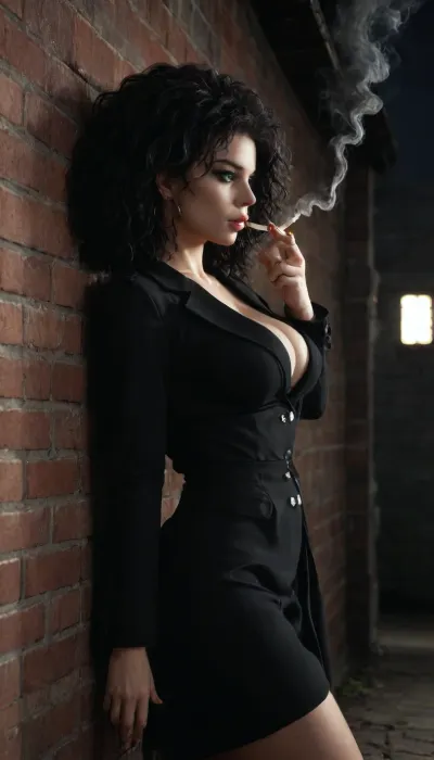 a 25-year-old girl, insanely beautiful, with green eyes and black eye shadows, thick black hair tied in a large braid, long legs in a black skirt, and a black jacket with a deep neckline. She has very large breasts, with a cup size of 5, (very large breasts 1.5), ., (noir night 1.6), . She is leaning against the wall of a brick house, in the shadows, smoking a cigarette. The shot is like in a 4K Hollywood movie. She is looking at the camera at night, and she is completely in the shadows.
smoking, smoke, coming, out, mouth, <lora:Smoking_Babes_XL_V2:.8>, a, movie, frame, of, in, the, style, sin-city, <lora:sin-city-sdxl-v1-000050:.8>