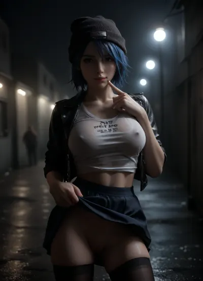 A 22 year old caucasian punk woman stands in the rain in jet black alleway, she has short blue hair swept to one side, she is smiling at the viewer, faint neon light is shining on her from the left, neon lights illuminate her from the front with faint light, (she wears a leather jacket with studs over a wet white t-shirt, she wears a plaited blue skirt and tigh high stockings, on her head is a beanie cap), ((she is lifting her skirt up with the left hand revealing her pussy)), ((her right hand is lifted to her head her index finger pressed against her lips)), a thick stream of cum is dripping from her vagina, fflix-npt, Neon, Night, page, GiganticBreatsXL, gigantic, breasts, huge, w3t, wet, tshirt, skirtlift, <lora:Neon Night:2>, <lora:dark:2>, <lora:GiganticBreastsXLv1:1.3>, <lora:w3t_SDXL:1.4>, <lora:skirtlift_xl:.8>