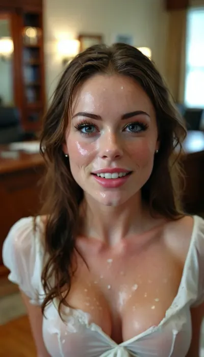 Porn movie scene, beautiful young brunette secretary, on her knees, CEO office, boardroom, freckles, blushing, drops of thick white liquid on her face, smirking, cum on face, thick white cum, white ejaculate, smile, <lora:MJ52:.8>, but, <lora:BUT_SDXL_SHS:.8>, bukkake, <lora:MS_Real_XL_Bukkake:.8>