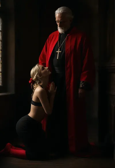 Full body view, Betty is a beautiful adult woman with blonde hair, Betty stands and speaks from above to a kneeling submissive old man, Betty is a 28 year old dominant woman, Betty is nude she wears a black long lace bra only, Betty stands with legs apart, (perfect body), (skinny), (in front of pussy kneeling and praying old man wears scarlet cassock with a pectoral cross on a red and gold ribbon:1.5), in front of a backdrop of an outstanding old mystical monastery library, (maximum detail), (super realistic photo:1.4), (maximum photo quality:1.4), (maximum resolution:1.5), saturated, <lora:MJ52:.8>, <lora:attractive_notrigger:.6>, <lora:dark:.1>, <lora:saturated_colors:1.5>