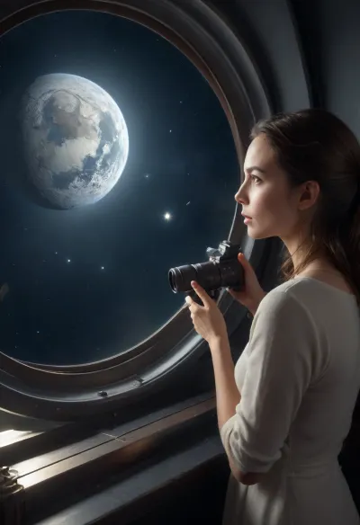 A cyborg astronomer asin girl in a spaceship observatory looks through a telescope at a, (passing comet:1.7), (masterpiece), (photorealistic:1.2), (ultra-detail), (best quality), (volumetric lighting), (full frame)