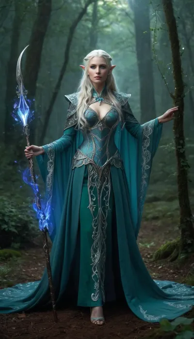 Beautiful female elf warlock, servant of an Archfey patron, regal and otherworldly. Tall and elegant with a slim but powerful build, flawless pale skin with a faint shimmer, sharp angular elven features, long flowing silver hair, and piercing emerald eyes glowing faintly with fey magic. Wearing enchanted ornate plate armor shaped with flowing natural motifs, leaves, vines, and silver filigree, glowing with faint green and violet arcane light. A cloak of deep twilight blue billows behind her. Wielding a glaive with an ethereal crystalline blade that hums with fey power, runes glowing along the shaft. Standing in a moonlit forest clearing where flowers bloom at her feet, glowing will-o’-wisps and faint arcs of faerie fire floating in the air. Ultra-realistic high fantasy art, highly detailed, cinematic magical lighting, atmosphere of beauty, danger, and fey majesty.