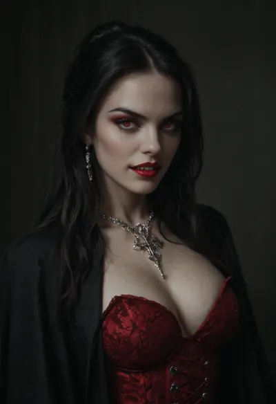 Regal female vampire countess, tall, (pale porcelain skin:1.4), (long black hair), (elegant fancy updo hairstyle), ruby-red eyes, crimson lips, (((very long vampiric fangs))), blood-red velvet gown with corset, black cloak, ruby jewelry, inverted silver cross, alluring yet dangerous, dark sapphic glamour, gothic, realistic, dramatic lighting., hkstyle, <lora:hkstyleV5:.8>, <lora:dark:.8>