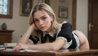 high definition, ultra realistic, masterpiece, 18 years old, (realistic skin texture), (confident expression), (((perfect face))), (extremely beautiful face, perfect body:1.3), seductive woman, soft curled blonde hair, light blue eyes, gothic maid dress, low-cut, thigh-highs, panties pulled partway down, perfect small pussy, sexy, bent over desk, soft warm indoor light, blurred cozy boudoir
