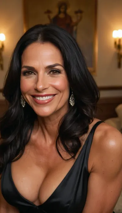 male pov, getting a hand job, raunchy, playful, tall, skinny, slutty, natural, amateur, strongly tanned, 45 yo milf, skin tight black evening dress, long black hair, big tits out, (cumshot:1.3), cum on her face, wet hair, cum on her dress, (looking at viewer smiling naughtily:1.3), ((fake lips)), ((thick face))