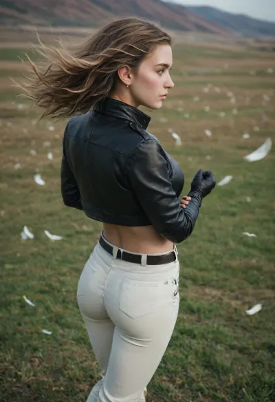 (north Europe young woman:1.5), giant breasts, athletic, hourglass, tall slender, Flared pants, jacket, leather gloves, Nail ornament craftsmanshi, flowing belt, (wind:1.3), side and rear view, high angle shot