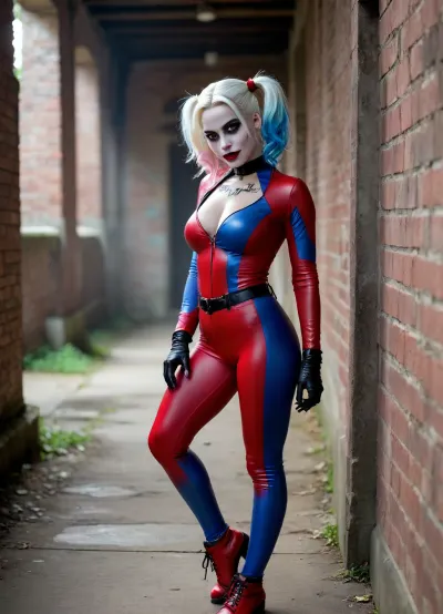 A hauntingly realistic, intriguing, portrayal of the Harley Quinn character, dark. She is depicted leaning against a dingy brick wall, with his signature white hair, red/blue mini suit, and grotesque makeup. The stunning Harley Quinn appears to be emerging from the card itself, with his right foot fully on the ground and his left foot still touching the card's edge. The card's border is visible, giving a surreal impression of the character stepping into reality. The background is dark and slightly blurred, adding to the eerie atmosphere. The signature "DINAMIKE" is engraved in small cursive marker lettering at the bottom right., <lora:BUT_SDXL_SHS:.8>, . She wears a BDSM black leather choker. Moreover, she has light gray eyes with false lashes., .
