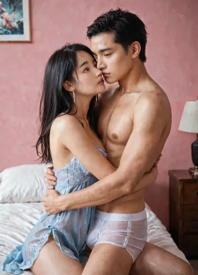 Photorealistic, ultra detailed, 19 year old Chinese woman, thin body, blue eyes, small mouth, medium breasts, long black hair, straight hair, light blue sexy sleeveless short night gown, no panty, girly pink wall bedroom, Chinese man white boxer, man topless, man hugging woman, <lora:CoraXL:.8>