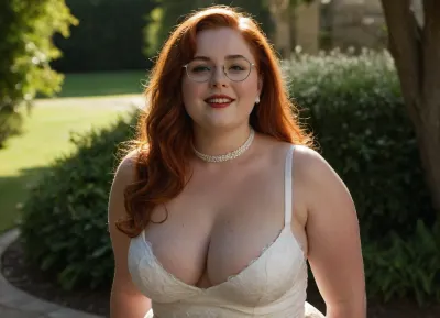 ((Chubby)), curvy, chubby face, fat, obese, girl, 18 years old, young looking, slut, (masterpiece, best quality), sensual smile, hourglass figure, detailed hair, detailed face, detailed iris, detailed eyes, high quality photo, erotic, seductive, shadows, full body, gigantic breasts, enormous tits, redhead, bride dress, at the park, freckles, sunny. glasses, white choker, long hair, red lipstick, (fat F cup breasts)
