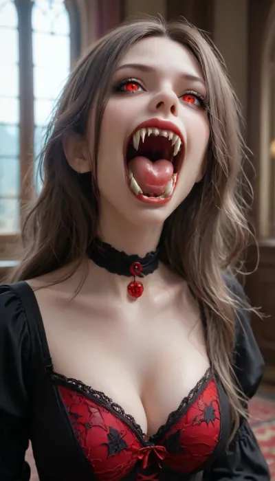 A tall athletic seductive beautiful, sultry, gorgeous, model, horny, sexy, selectively looking into the camera, (3/4 body image), statuesque seductive busty vampire naked in a gothic castle bedroom, highly detailed beautiful hypno spiral eyes, (two long fangs:1.5), gothic lingerie, lace stockings, choker, victorian lingerie and jewellery, ((vampire fangs:1.7)), blood on her teeth, huge breasts, blood on face, vomiting blood, pronounced feminine features, (angry), pale skin, very long black messy hair, ultra skin texture, pale, skin, <lora:Pale_Skin_SDXL_v1.0:1.6>, <lora:PerfectEyesXL:1.6>
