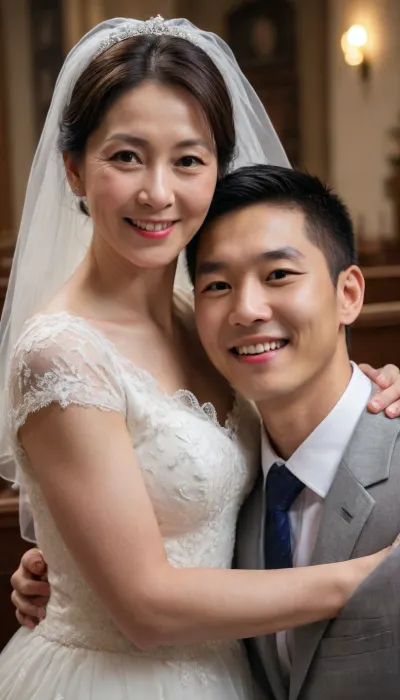 (woman mature:1.9), Asian, korean, korean 1girl and 1boy, Fond mother and son, Smile, family photo, happy family, (60yo Korean milf mom and son high school student), divorced family mom and son, hairson love mom, broken families, son high school student, cute Smile son, son tiny high school student, son high school student short hair, mother's son in the family, single-parent family, wedding dress, gorgeous church, veil