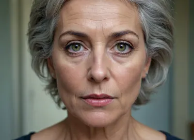 (Réalisme), portrait d'une femme de 60 ans, visage détaillé, des rides aux coins des yeux, le front froncé, cheveux argentés courts