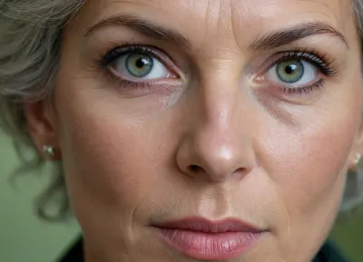 (Réalisme), portrait d'une femme de 60 ans, visage détaillé, des rides aux coins des yeux, le front froncé, cheveux argentés courts, yeux verts intenses, nez bosselé