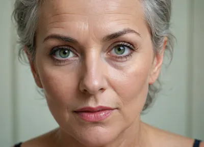 (Réalisme), portrait d'une femme de 60 ans, visage détaillé et fin, pommettes saillantes, des rides aux coins des yeux, le front froncé, cheveux argentés courts, yeux verts intenses, nez bosselé, maquillage intense des cils, souriante, diadème