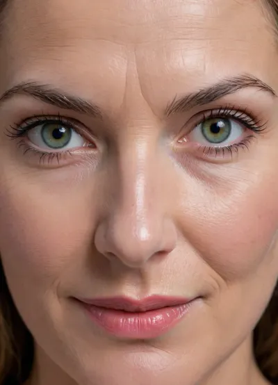 (Réalisme), portrait d'une femme de 60 ans, visage détaillé et fin, pommettes saillantes, des rides aux coins des yeux, le front froncé, cheveux argentés courts, yeux verts intenses, nez bosselé, maquillage intense des cils, souriante, sourcils parfaitement dessiné, fossette, diadème