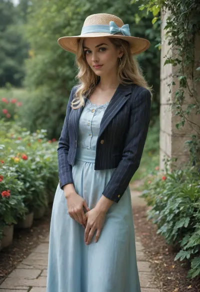 A woman with blonde hair and a serene expression. Her facial features are highly detailed, with clear, striking blue eyes, a subtle hint of a smile on her lips, and a smooth complexion. She is wearing a light blue pinstripe jacket, a white shirt with a bow, and a white cloche hat. maxi dress., (no man), 2, (fullheight:2), (alone:2), (masturbating:2), (raised dress), garden