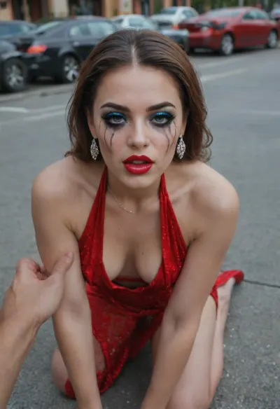 (high heels), (no public hair), full body visible, (whole body in frame), ((realistic body parts in correct anatomical position)), dynamic pose, russian wealthy arrogant lady 40 yo, (((heavy glamorous makeup, bold eyeliner, red lipstick, thick mascara, blue eyeshadow, heavy eyelashes, jewelry))), (she is wearing a red evening gown), slender body, skinny body, medium breasts, slim hips, slim ass, thin waist, perfect knees, very long legs, slender legs, pale skin, in the street, in public, outside, outdoor, in back alleys, after facefuck and huge cum load, man POV from above, she kneeling with hands by head, head thrown back with mouth wide open and tongue out, semen on tongue and lips and running down chin to breasts, cum in mouth, cum on the lips, cum on breasts, covered by cum, cum clearly visible on her body