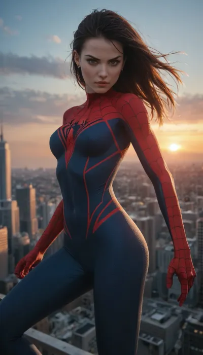 Female version of Spider-Man, athletic and agile superhero. Slim but strong build, sharp determined eyes visible through expressive white eyepieces of the mask. Wearing a sleek red and blue Spider-Man suit with black web patterns, redesigned to fit her feminine form while remaining practical and heroic, ripped and torn suit. Dynamic pose, swinging through a city skyline at sunset with web lines, skyscrapers, and glowing lights in the background. Ultra-realistic cinematic superhero art, highly detailed, dramatic lighting, atmosphere of speed, action, and heroism.