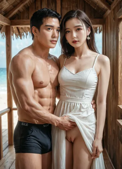 Photorealistic, ultra detailed, 19 year old Korean beauty, thin body, green eyes, small mouth, medium breasts, long brunette hair, wearing white summer gown, in beach resort room, lift dress up to reveal pussy, chinese muscular man in black boxers hugging woman, IU_Lee, ohwx, woman, <lora:IU_leejieun_SDXL:2>, c0zy, b34ch, hut, <lora:c0zy_b34ch_hut:.8>