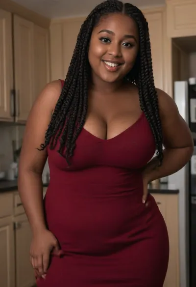 18 years old, curvy, (masterpiece, best quality, 4k), chubby, chubby face, high cheeksbones, black girl, smiling, (sexy smile:1.4), detailed hair, detailed face, detailed iris, detailed eyes, high quality photo, erotic, shadows, long thin hair braids, (wearing a dark red mini dress:1.6), (chubby:1.6), (very big tits:1.6), (doey eyes:1.6), full body, (flirting, 1.6), sexy pose, in the kitchen