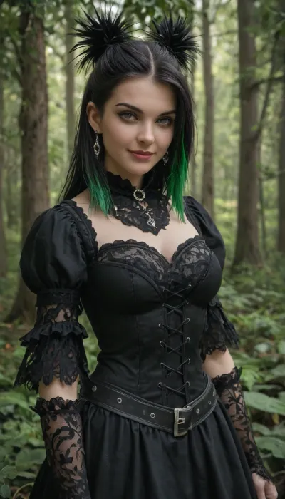 A gothic reimagining of Peter Pan as a young woman with pointed elven-like features and a sly, mischievous smile. She wears a dark green and black corseted tunic with lace and leather accents, tattered sleeves, and layered skirts with leafy motifs. A black feathered cap rests on her head, her long raven hair streaked with emerald highlights. She carries a slender dagger with ornate gothic engravings. The setting is a moonlit enchanted forest, with glowing will-o’-the-wisps and twisted trees, creating a dark fairytale atmosphere. Highly detailed fantasy illustration, cinematic lighting, gothic aesthetic.