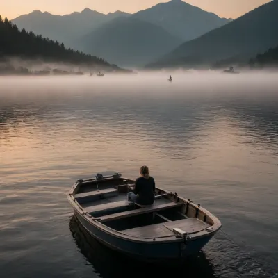 35 years old woman, long blond wavy hair, sitting on a boat, fishing, boat on a lake, thick fog on the lake, forest on the back, mountains in the background, sunrise behind the mountains, side view of the boat, boat in the middle of the lake, (spectator very far from the boat:1.8), full view of the boat, (dark night:1.2)