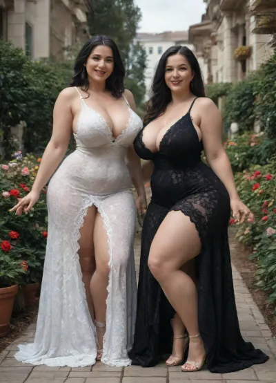 two 40 year old woman, two woman, very tall woman, large waist area, (two tall and large thigh curvy woman:1.7), very healthy tits, wide hips, round buttocks, (smiling:1.3), chubby, (Layers for Straight black Hair:1.4), full lips, full length, (They are wearing sexy different lace dresses:1.8), sexy, (sexy cleavage and visible nipples area:1.2), laugh out loud, Casual sitting, (big saggy breasts:1.5), not nude, not naked, (bridal garter:1.2), Walking on the home garden, Casual home garden walk, Strolling along the home garden, home garden walk, Their face is looking at the viewer, eyes looking at the viewer