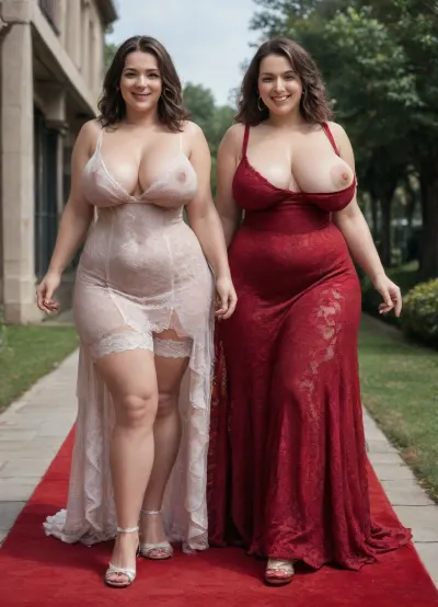 two 40 year old woman, two woman, (big sexy saggy breasts:1.5), large waist area, (two tall and large thigh curvy bbw woman:1.3), very healthy tits, wide hips, round buttocks, (smiling:1.3), chubby, (Layers for Straight bonde Hair:1.4), full lips, full length, (They are wearing sexy lace dresses:1.8), sexy, (sexy cleavage and visible nipples area:1.2), laugh out loud, Casual sitting, not nude, not naked, (bridal garter:1.2), Walking on the red carpet walking, Casual home garden red carpet walking, Strolling along the red carpet walking, home garden red carpet walking, Their face is looking at the viewer, long red carpet walking