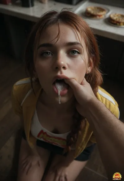 creampie, (ginger hair, two loose braid, straight bangs), perfect tight muscular ass, slightly looking up eyes, ((fucked in mouth)), ((in Mcdonald)), dynamic composition, Best quality, masterpiece, high resolution, detail face, score_9_up, score_8_up, score_7_up, (20yo model), (red hair, two loose braid, straight bangs), (Mc donald logo t-shirt), (yellow worn jacket, fur trimmed), (red miniskirt), (skirt pulled down), high angle, detailxl, <lora:dark:.8>