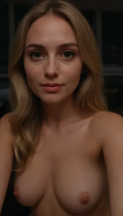 ((amateur selfie style, night:2)), dark office room, very little lighting, ((night, naked tits, shaved pussy, tight pussy, spread legs)), ((nice natural tits, naturally sagged tits, the left tit is a little bigger than the right one)), skinny slender amateur 35 years old russian secretary dressed in a formal dress, taking candid tits selfie in office room, using selfie stick, flirts lewdly, sitting at office table in open office space, at night, iphone style, The girl in the photo has fair skin and soft facial features. The face is oval, which is considered a universal and harmonious shape. The eyes are large, expressive, with a soft look. The nose is straight, medium length, lips are medium full, with a natural pink tint.

The hairstyle is long light hair with soft waves, which give the image lightness and naturalness. The hair is loose, which emphasizes its texture and volume. The hair color is light blond with light golden shades, which creates a feeling of warmth and softness.