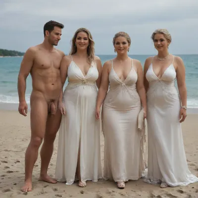 ((Beach full of naked males)), ((group of naked men)), flaccid cock, (man naked:1.5), man young, man tanned, man slim and tall, (woman in long elegant dress:1.5), woman old, (woman obese), womand white hair, full body view, sunny day, happy