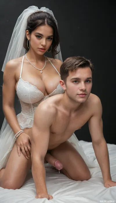 An ultra realistic, high detailed photo, black room, black background, (slender and slim latina futanari with white stocking and medium black bobcut hair on male), latina, femdom, futa fuck white man analy, futa pegs male, doggy style, cumming, mega massive futa dick, mega big heavy black futa balls, gigantic breasts, perfect slender body, slim waist, tanned skin, massive milky breasts, big hoop earrings, several fine gold and pearl necklaces, several fine gold and pearl bracelets, black eyes, brown eyes, full and plump red lips, looking at viewer, pure pleasure face, (wet skin, oiled skin, cum covered skin), wedding clothes, wedding dress, bride, <lora:209970_training_data:.9>, <lora:287175_training_data:.9>