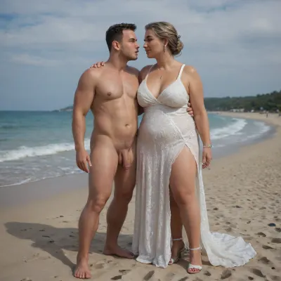 ((Beach)), naked man with flaccid cock, (man naked:1.5), man young, man tanned, man slim and tall, (woman in long elegant dress:1.5), woman old, (woman obese), womand gray hair, man kissing woman's hand, man with camera, full body view, sunny day, happy