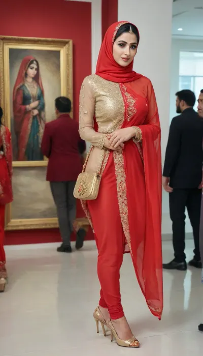 Indian muslim woman, 18 years old young Beautiful sexy muslim sexy married wife, prominent sexy face, mediam breasts, high tied hair, heavy makeup, wearing a fully transparent nylon full-length red hijab with embroidery and high stiletto heels, holding a luxury bag standing in a crowded art exhibition gallery. One man fondeling her ass