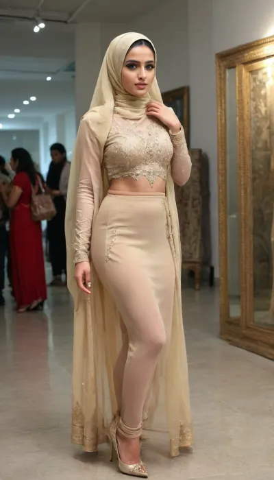 Indian muslim woman, 18 years old young Beautiful sexy muslim sexy married wife, prominent sexy face, mediam breasts, high tied hair, heavy makeup, wearing a fully transparent nylon full-length hijab with embroidery and high stiletto heels, holding a luxury bag standing in a crowded art exhibition gallery. One man fondeling her ass