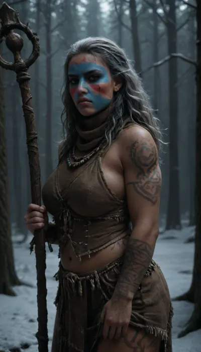 (winter forest, snow:1.4), (2 Adult woman:1.9), (Tribal tattoo on the body:1.4), (angry face:1), (Plump body type:1.3), (large tits:.9), (Moles, Freckles, Veins:1), (long Grey hair:1), (blue eyes:1), (Dressed in Animal skins:1.6), (Face War Paint:1.4), (Staff in hand:1.3), (posing:1.2), <lora:dark:2>, <lora:intenseMODE_md:2>, <lora:SDHK-XL:2>, <lora:milkers_v2:2>, <lora:detailed_notrigger:2>