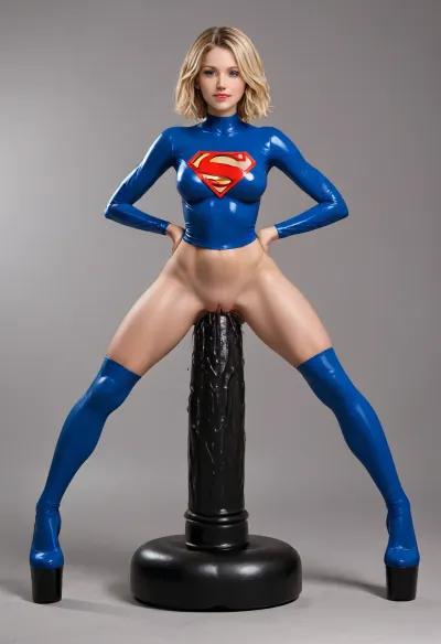 Bombshell bimbo slut Supergirl flying in the sky, mini latex Supergirl outfit, with wide spread legs showing wet pussy sat on top of giant dildo, huge round bimbo boobs, very happy smiling mouth, tiny waist, strong blushing cheeks, Larger than xxxl horse dildo cum dripping from anus, hyper huge giant anal insertion, full body view, very skinny thin legs, skinny small body very wide hips, wide pelvis to fit 2 giant dildo, very high Red and Blue latex platform shoes, very high stomach bulge, Giant Goliath dildo by Hankey Toys, extremely hyper wide dildo too big for girl and stretches anus to breaking point, hyper extreme, anal black dildo, extreme insertion, hyper insertion, double dildo penetrates her anus and lifts her of her feet, Full body in view, Giant sized anal dildo with huge balls, Biggest black rubber dildo imaginable, show full body in view, slim, athletic, muscular legs, (ultra, HD, quality, details), (black, eyes), 1girl, large, breasts, big, boobs, huge, tits, <lora:bombshell_v2:.5>, <lora:ThePitXL:.5>
