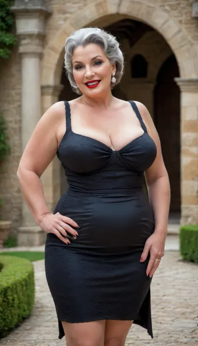 A 1955 full-length photograph showing a 65-year-old plump mature woman with a seductive smile on her face, makeup and bright red lips.She has very wide rounded hips, she is wearing a gorgeous short dress with a large neckline and open shoulders, the slit at the bottom shows her big hips, cellulite hips, very large bust, saggy torpedo tits, wide hips, and she is standing in the courtyard of an ancient castle.